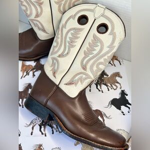 Justin Boys Used Cowboy Boots Size 4D Leather Square Toe Western Brown Stitching